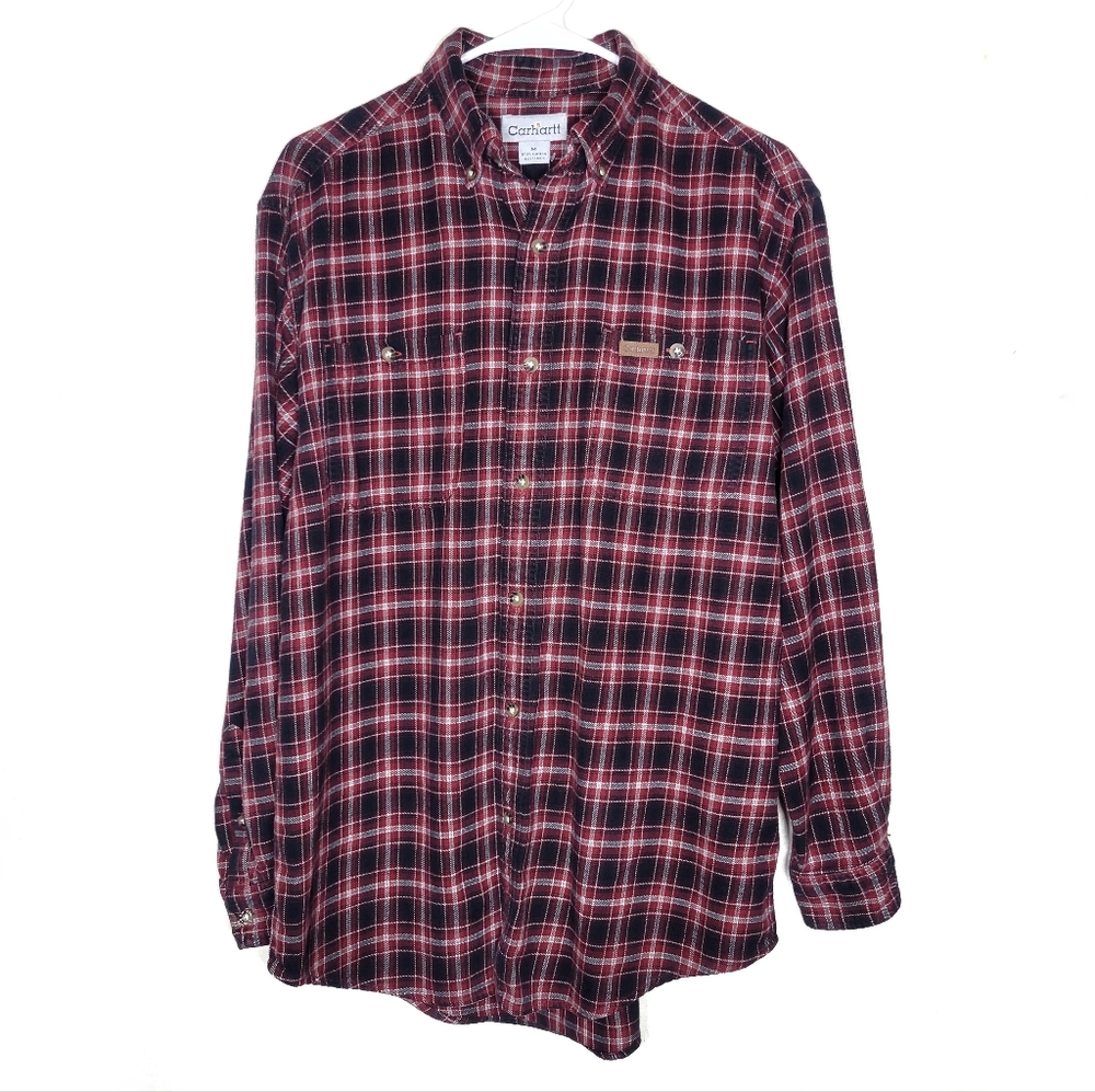 Plaid Carhartt flannel button down M men's longsleeve black red check EUC